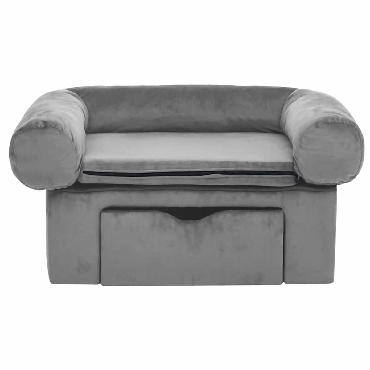 Graues Sofa mit integrierter Schublade und gerollten Armlehnen. Das Sofa steht auf weißem Grund.