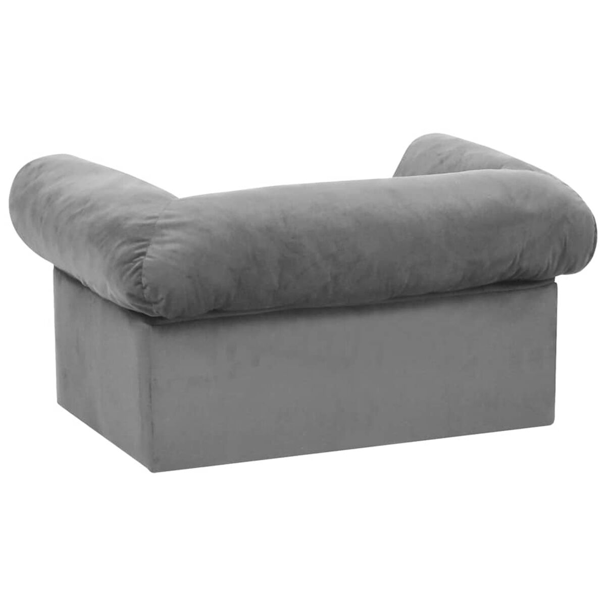 Graues, niedriges Sofa mit abgerundeten Rückenlehnen auf weißem Hintergrund.
