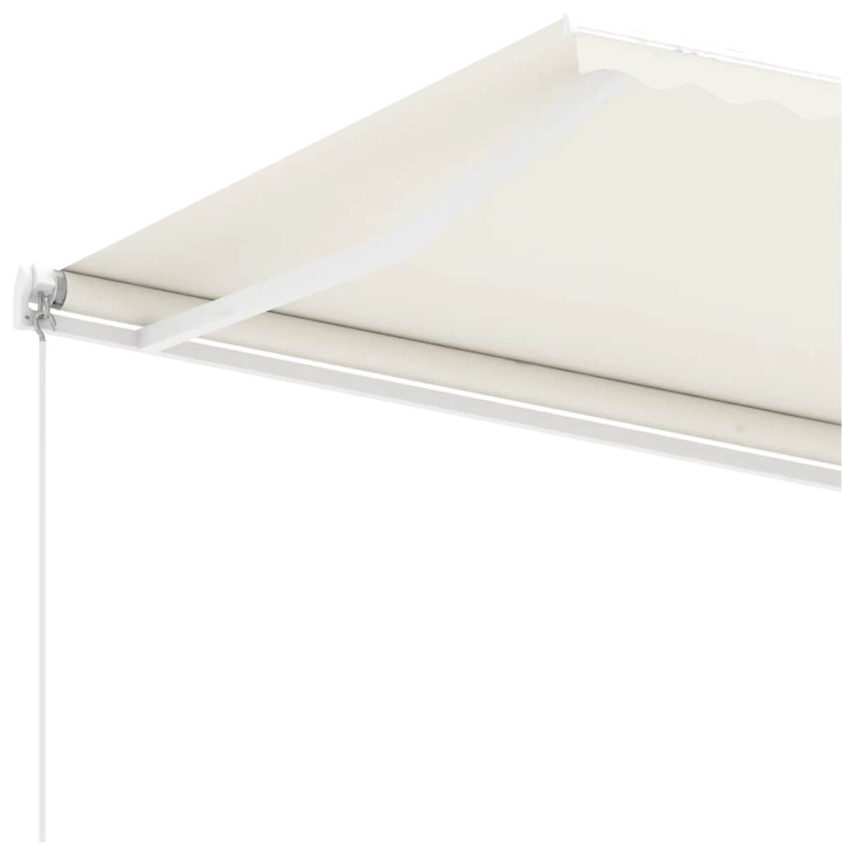 Beige Markise, von unten gesehen. Sie hat einen weißen Rahmen und einen gewellten Rand. Der Hintergrund ist weiß.