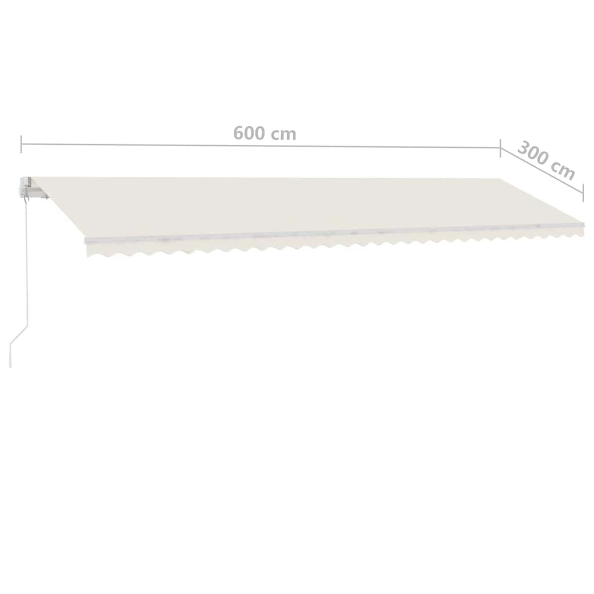 Weiße Markise, 600 cm breit, 300 cm tief. Weißer Hintergrund.