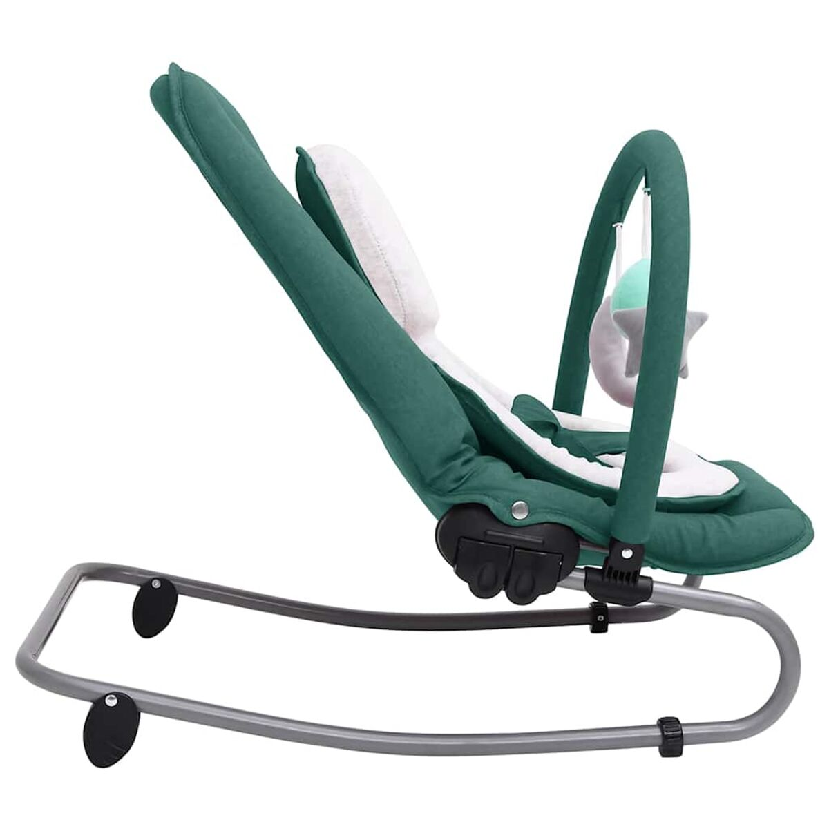 Grüner Babywippstuhl. Weiß gepolsterter Sitz und Spielbügel.