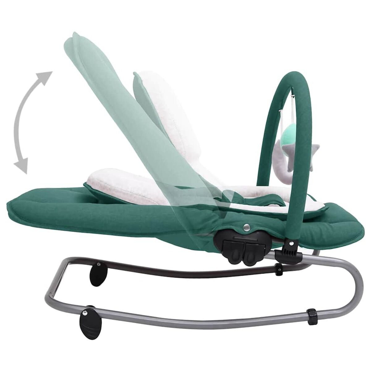 Grüner Baby-Bouncer mit verstellbarer Rückenlehne und Spielzeug.