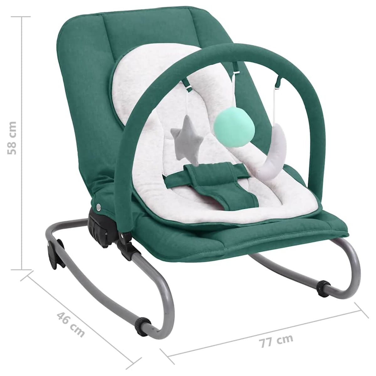 Grüner Babywipper mit hängendem Spielzeug. Abmessungen: 46x77x58 cm. Grauer Rahmen.