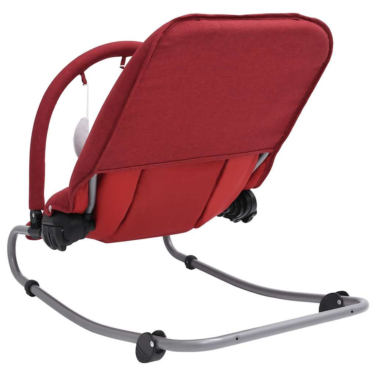Roter Babywippe mit gebogenem Rahmen, von hinten gesehen.