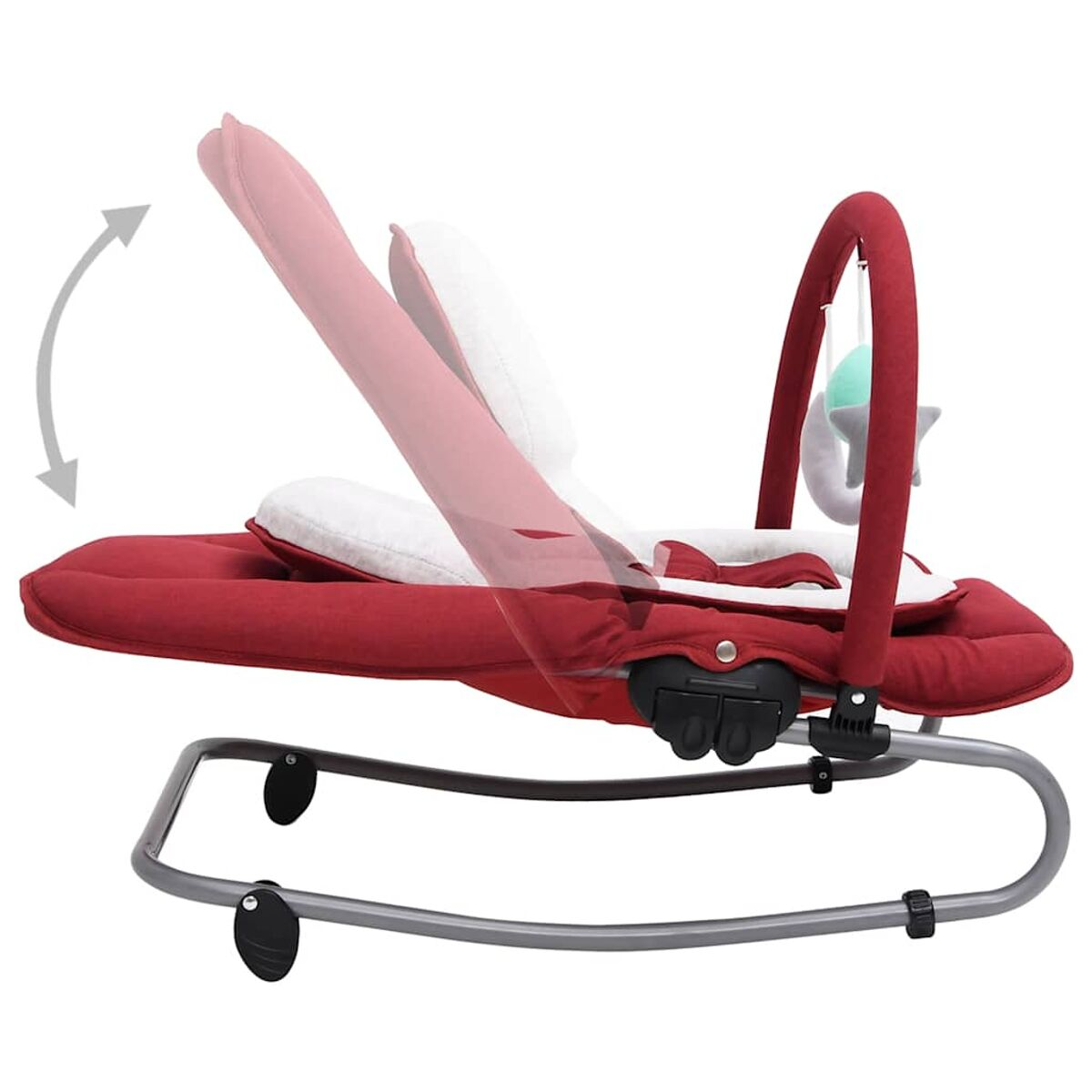 Roter Baby-Bouncer mit Spielzeug, einstellbar.