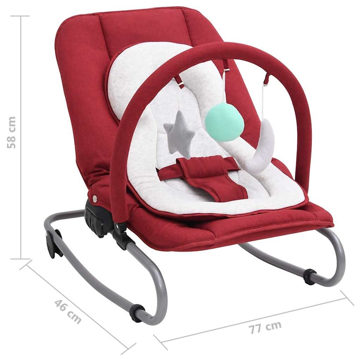 Eine rote Babywippe mit den Maßen: 58 cm hoch, 46 cm breit und 77 cm lang. Inklusive Spielzeug.