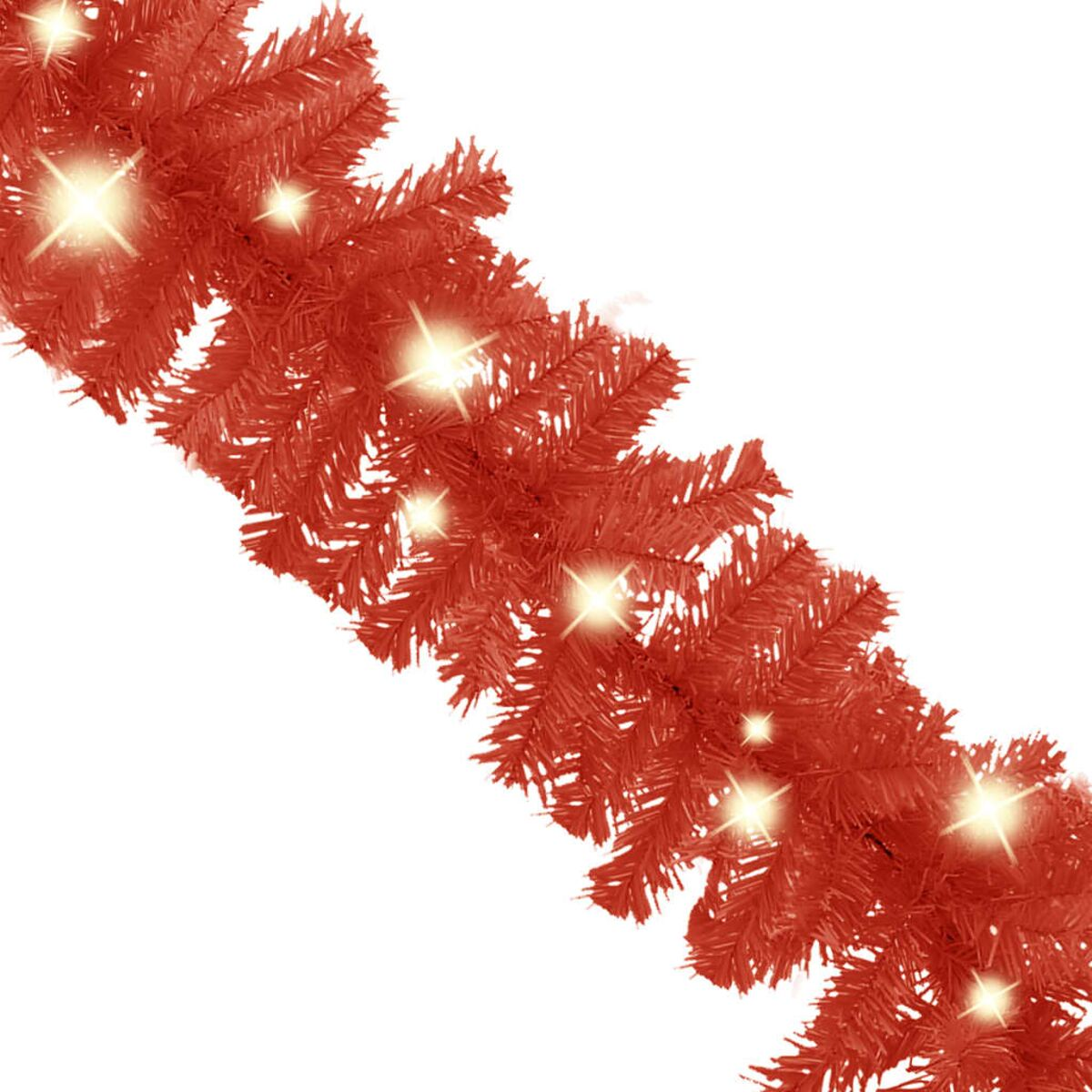 Diagonale Linie aus roter Weihnachts-Girlande mit funkelnden Lichtern. Der Hintergrund ist weiß.
