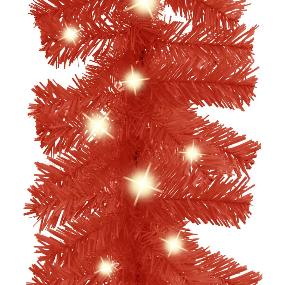Rote Weihnachts-Girlande mit Lichtern, Nahaufnahme auf weißem Hintergrund.