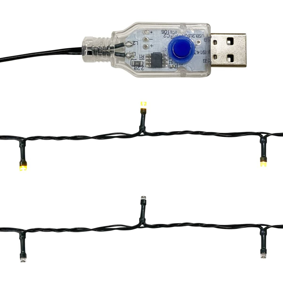 USB-betriebene Lichterkette mit kleinen gelben LEDs, weißer Hintergrund.