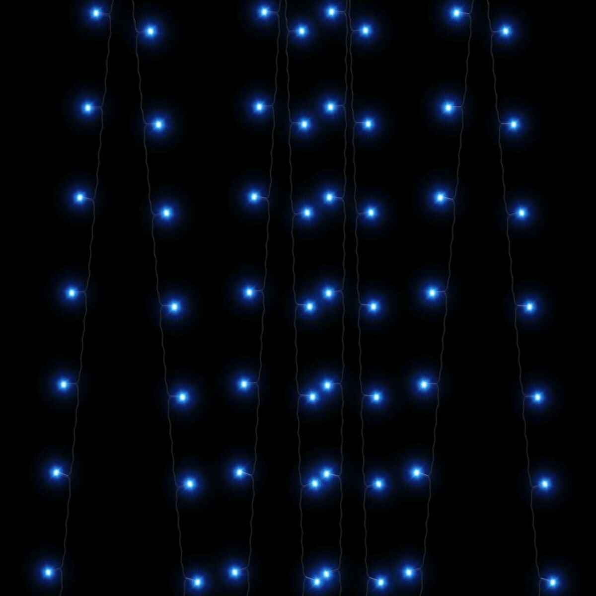 Blaue LED-Lichterkette, vertikale Linien aus hellblauen Punkten auf schwarzem Hintergrund.