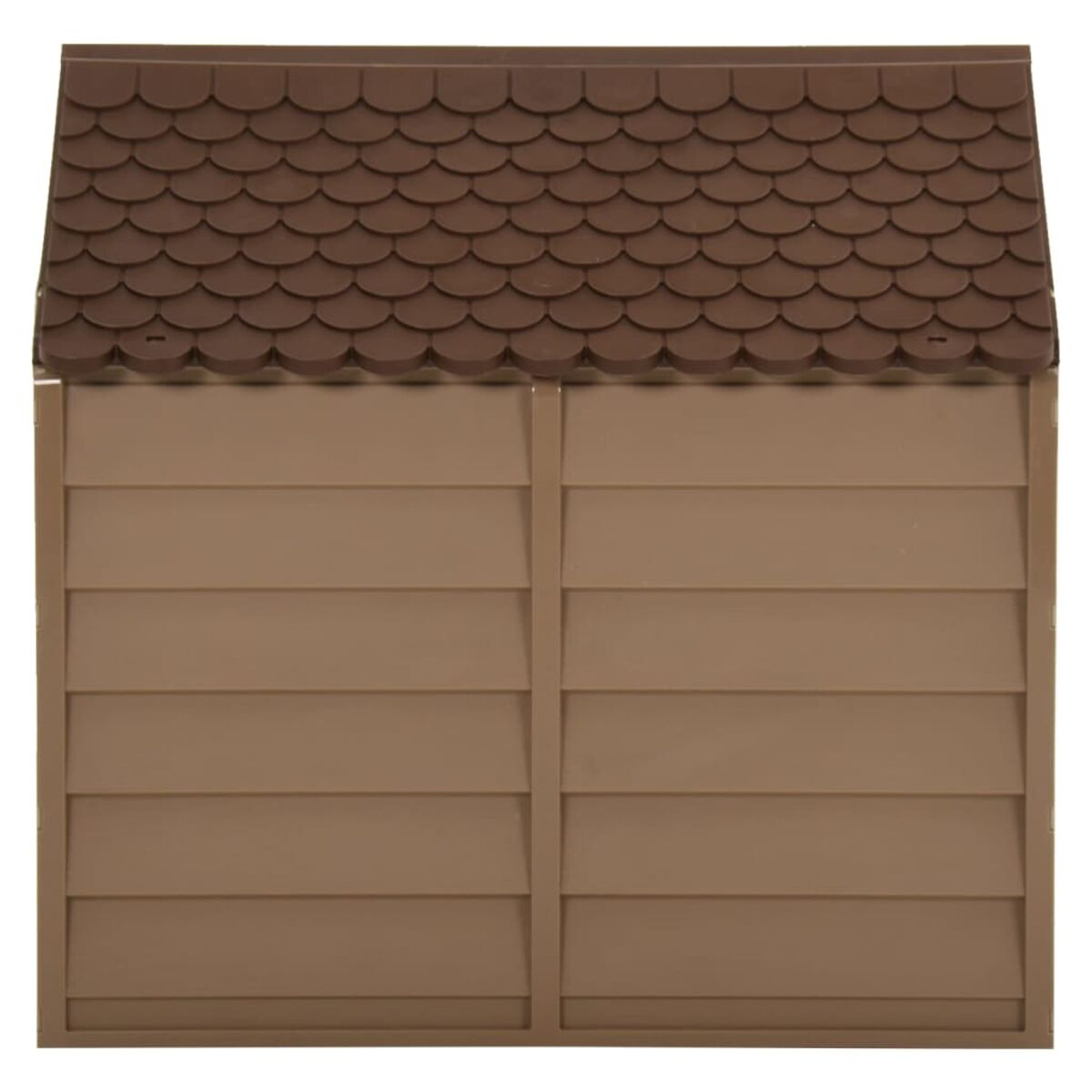 Holzschuppen mit braunem Schindeldach und brauner horizontaler Verkleidung.