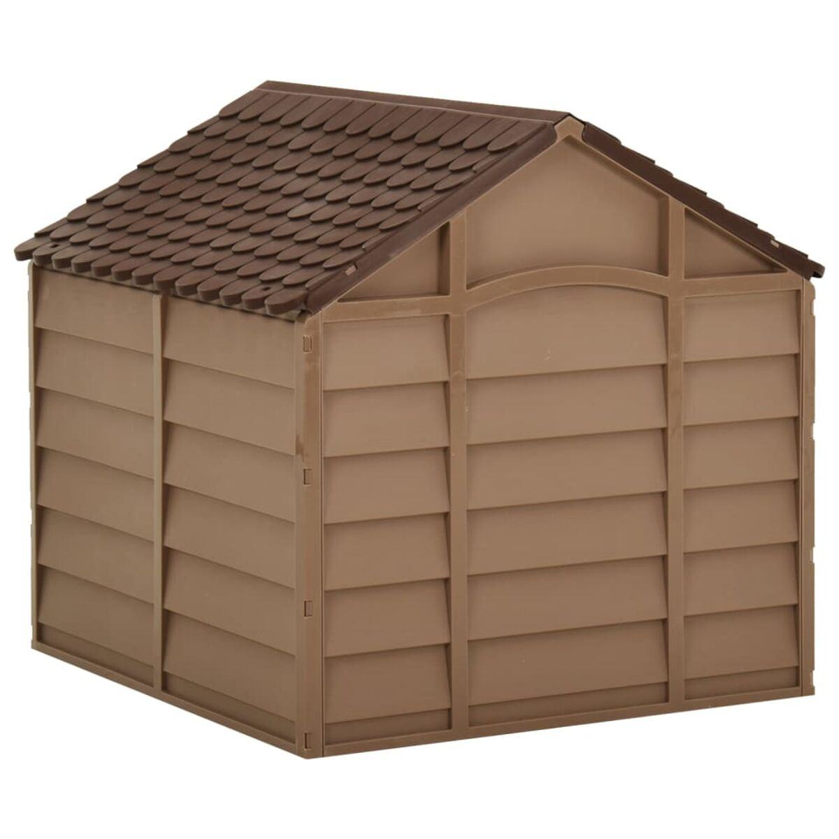 Ein kleines braunes Gartenhaus mit braunem Schindeldach und horizontaler Verkleidung.