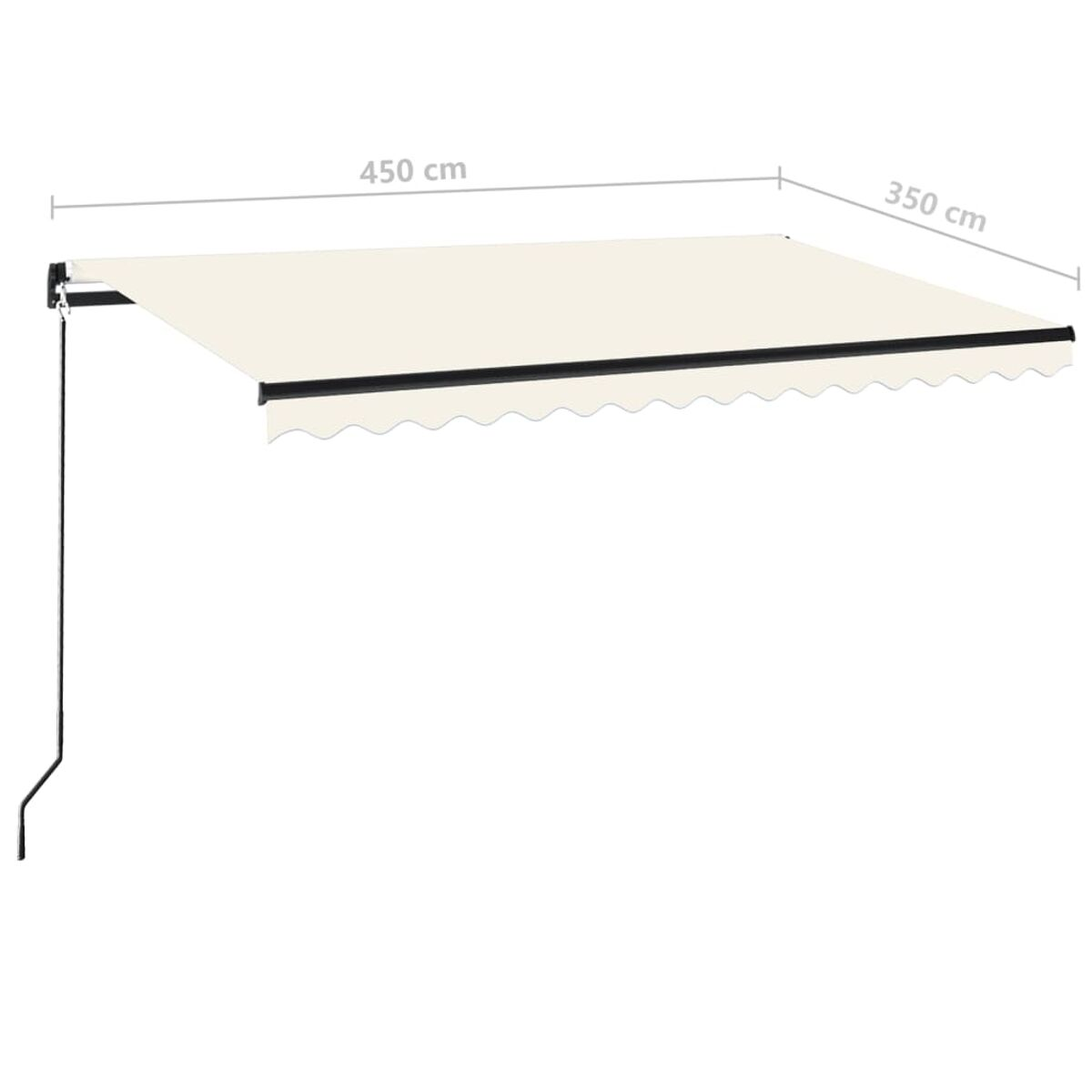 Cremefarbene Markise, 450 cm breit, mit schwarzem Besatz und Kurbel.