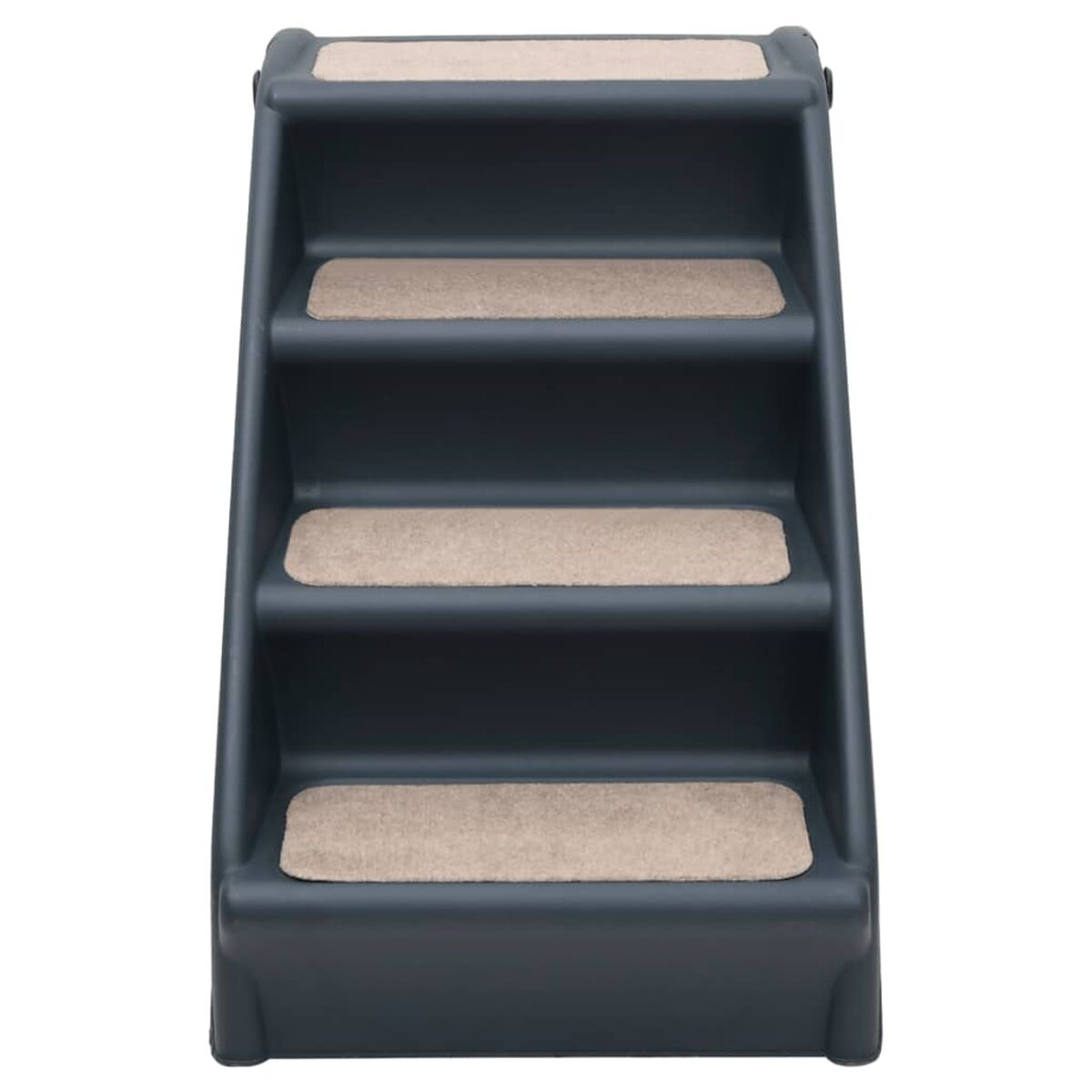Dunkelgraue Haustiertreppe mit beigefarbenen Teppichstufen. Die Treppe ist abgewinkelt und einfach gestaltet.