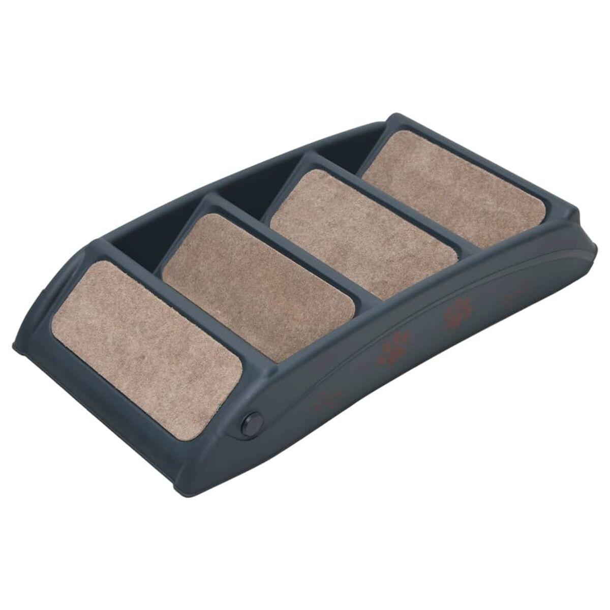 Dunkelgrauer Fernbedienungshalter mit vier Fächern und beige Einsätzen.