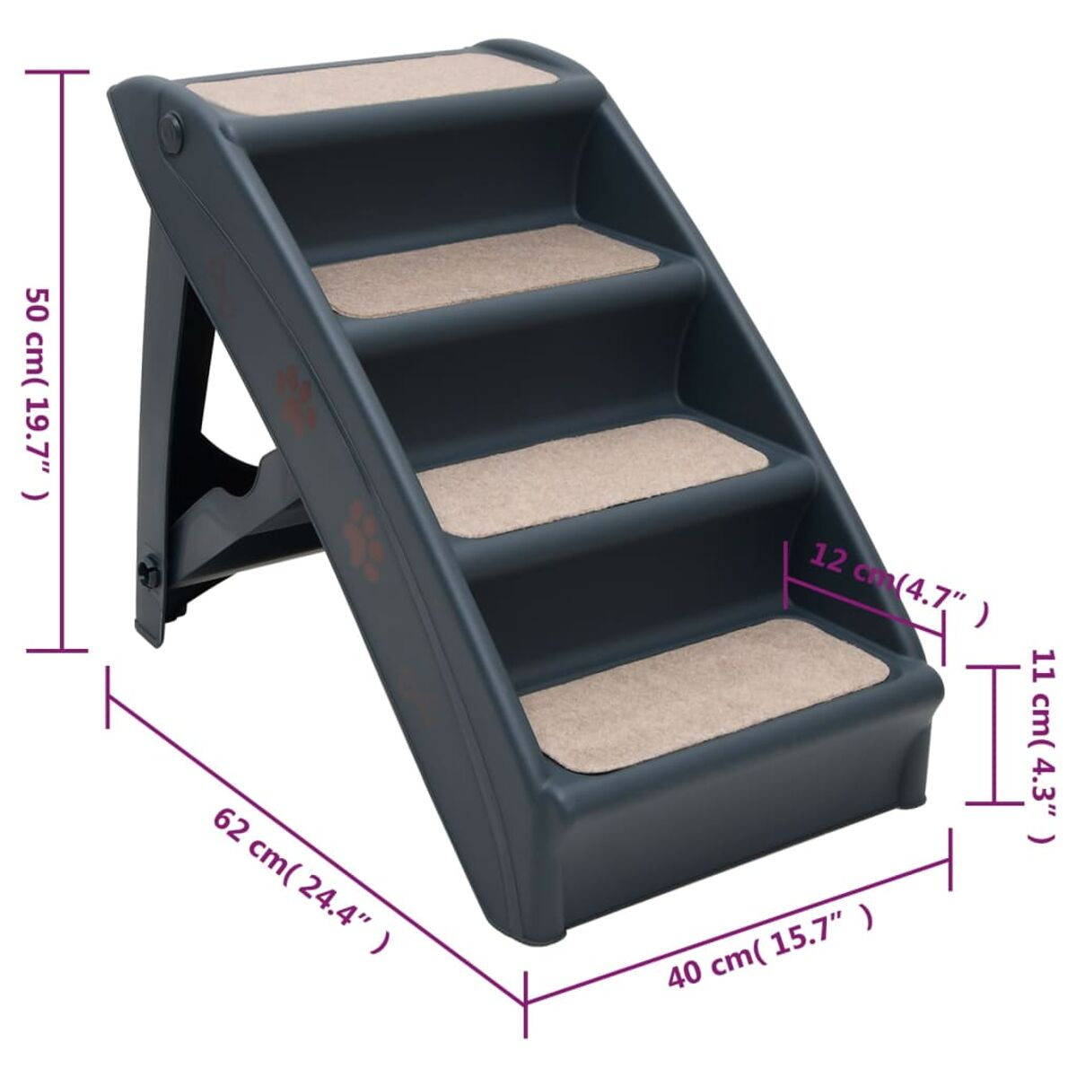 Hundetreppen, dunkelgrau, mit Maßen. Drei Stufen mit beige gepolsterten Oberflächen.