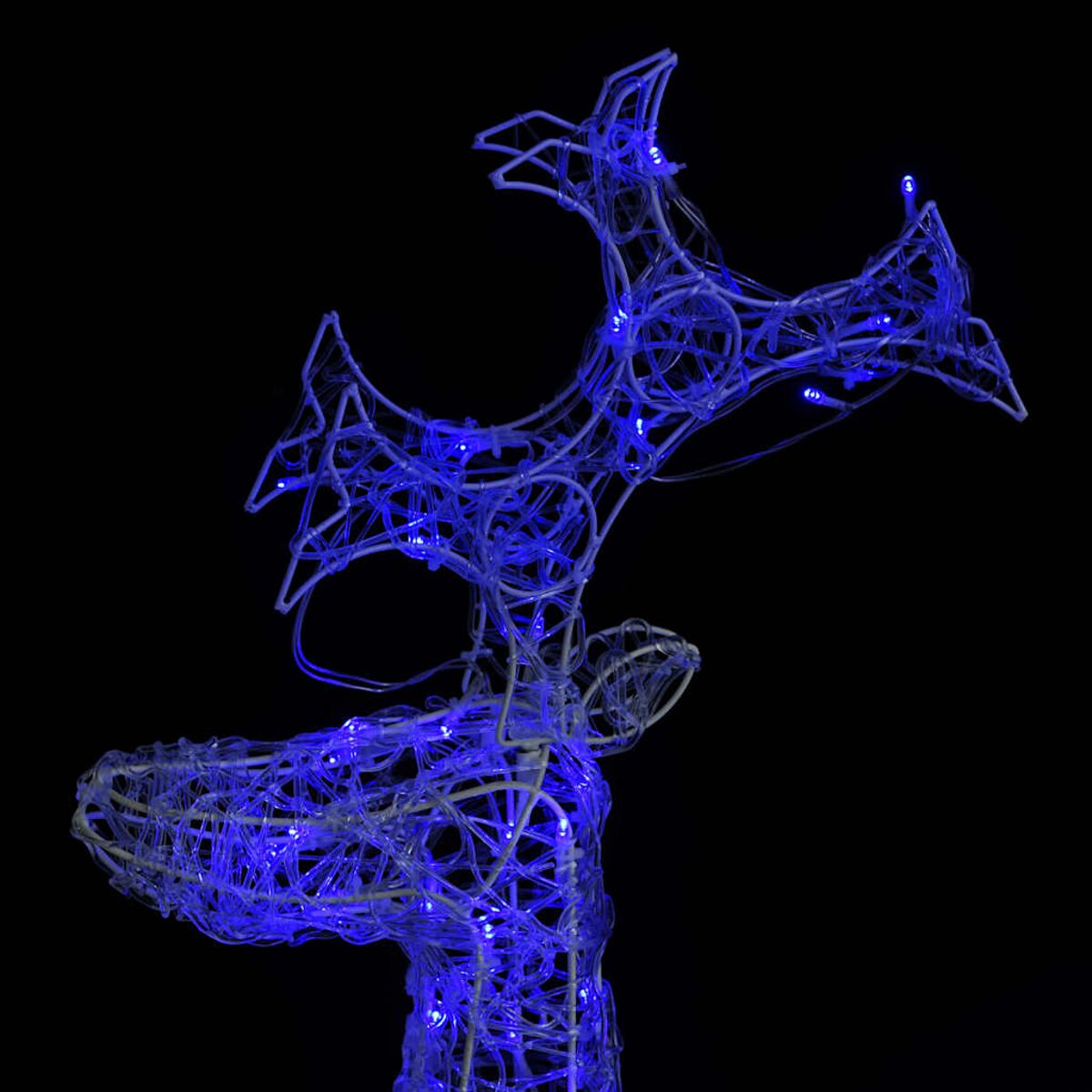 Weihnachtsrentier-Dekoration mit blauen LED-Leuchten, schwarzer Hintergrund.