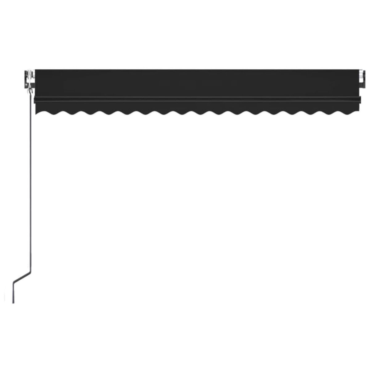 Schwarze Markise, ausgefahren. Schlichtes Design, mit Stützarm sichtbar.