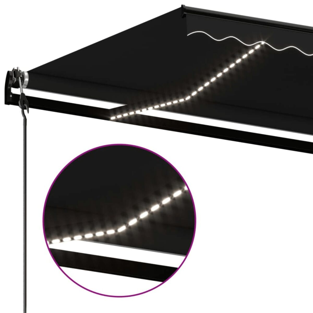 Schwarze Markise mit weißen LED-Leuchten am Rand. Ein detaillierter runder Einsatz wird gezeigt.