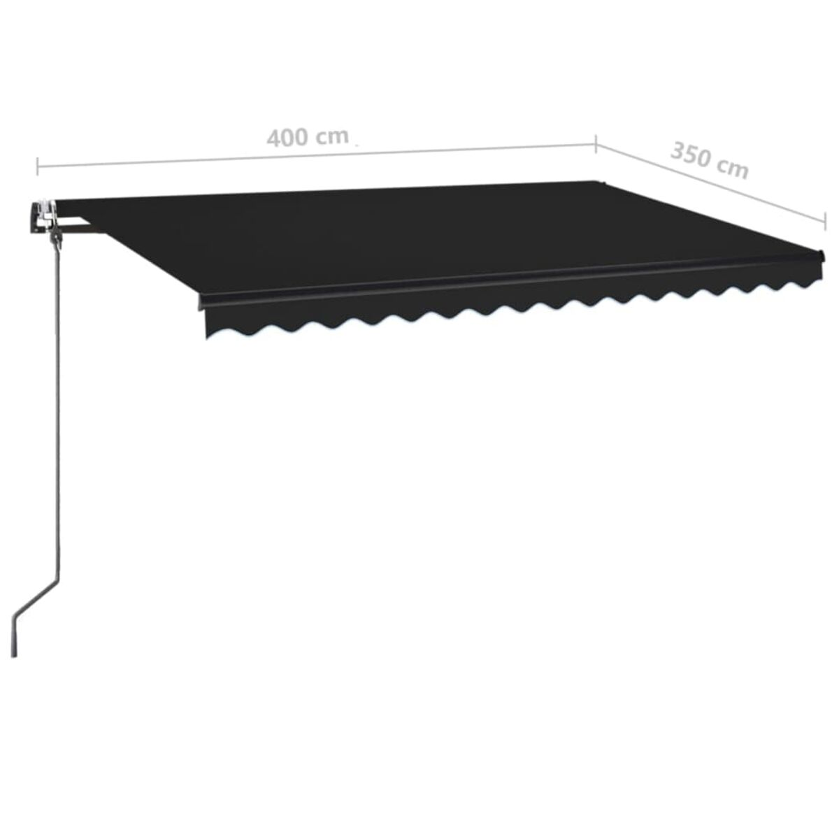 Schwarze Markise an einer Wand montiert. Die Markise ist ausgefahren und zeigt ihre Abmessungen.