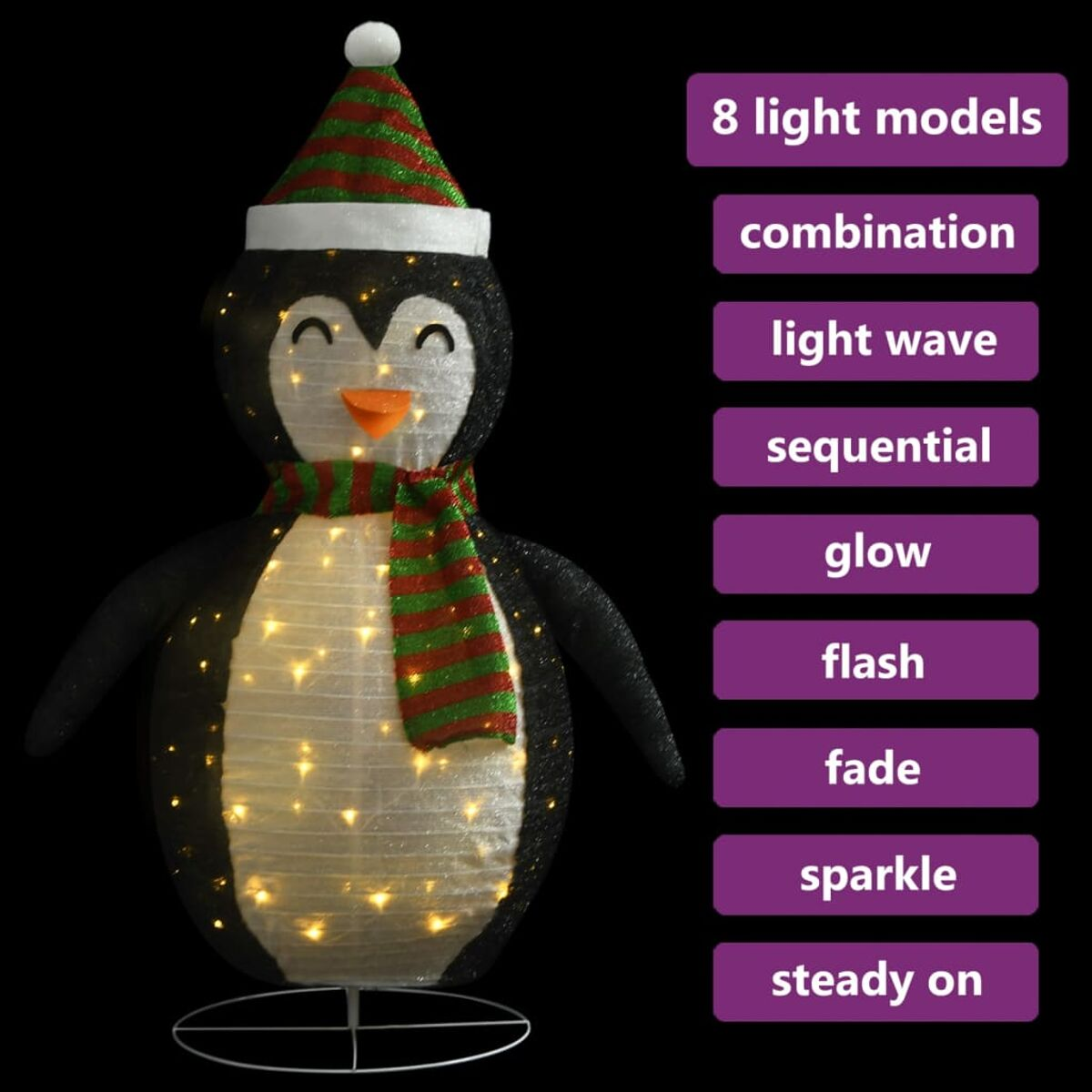 Eine Pinguin-Dekoration mit Hut und Schal. Sie hat Lichter und Text für 8 Lichtmodelle.
