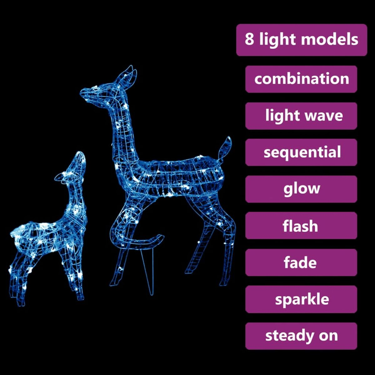 Blaue Hirsch-Lichtmodelle: Kombination, Lichtwelle, sequentiell, Glühen, Blinken, Überblenden, Funkeln, Dauerlicht.