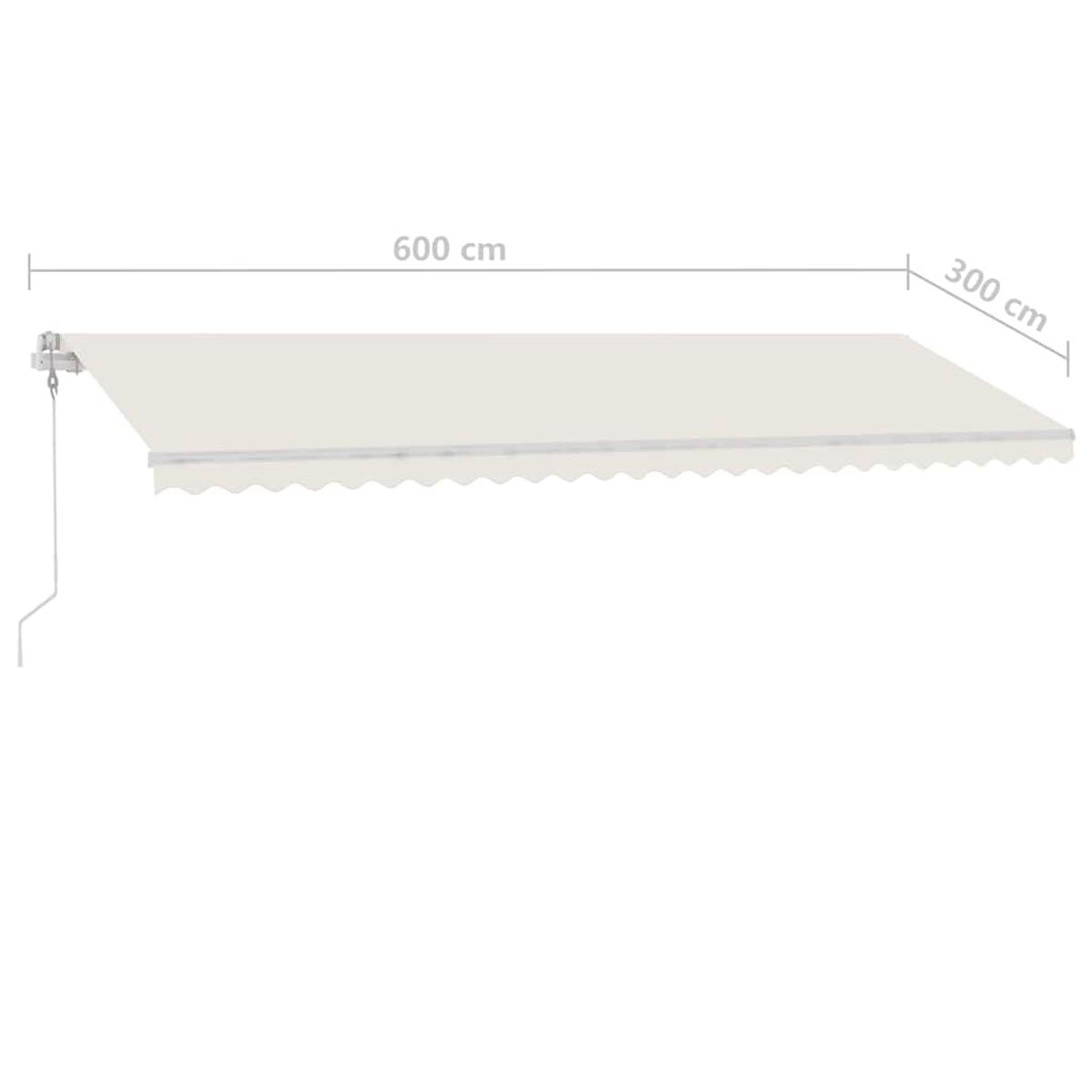 Eine Markise mit weißer Oberfläche. Es hat einen gewellten Rand. Die Abmessungen sind 600 cm x 300 cm.