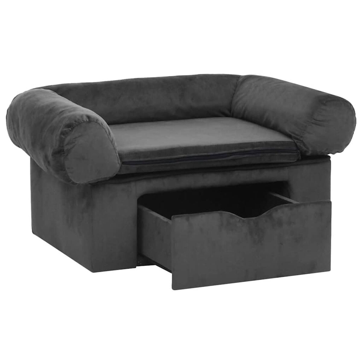 Graues Samtsofa mit ausgezogener Schublade.