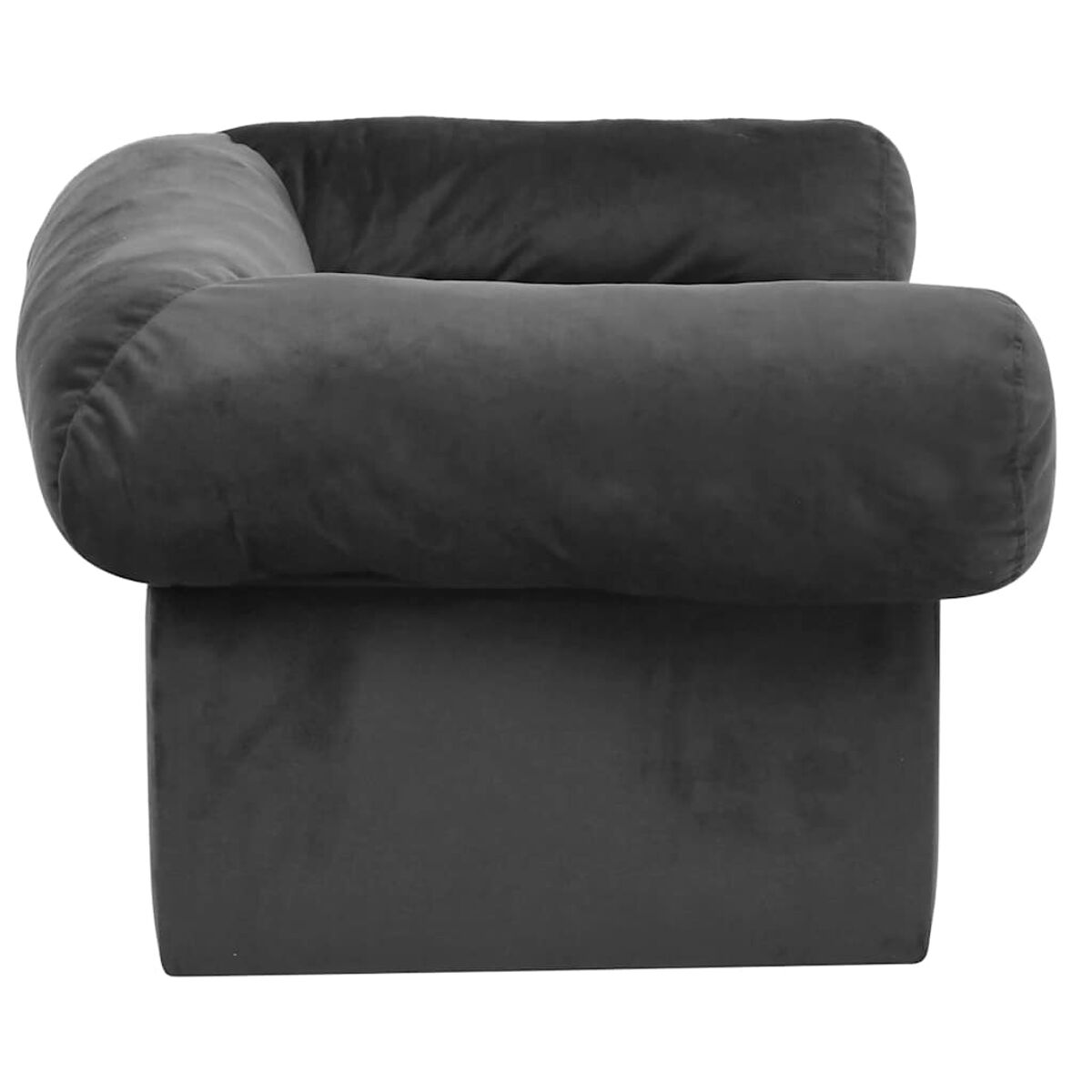 Dunkelgraues Ecksofa im modernen Stil. Das Sofa hat weiche, abgerundete Kissen und eine quadratische Basis.