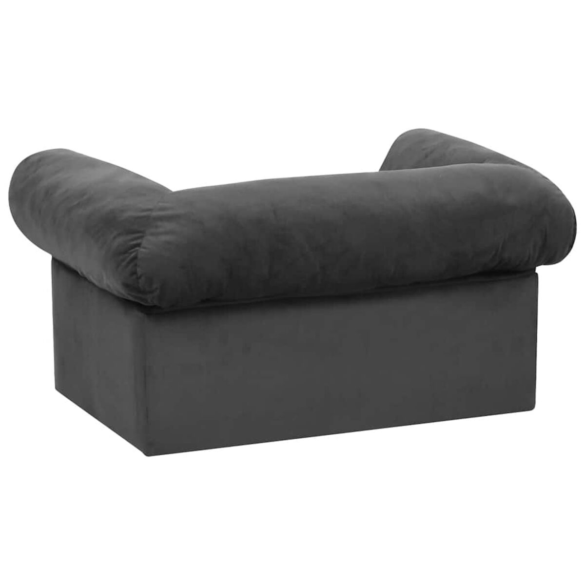 Dunkelgraues Sofa im modernen Stil. Es hat eine rechteckige Basis und geschwungene Rücken- und Armlehnen.