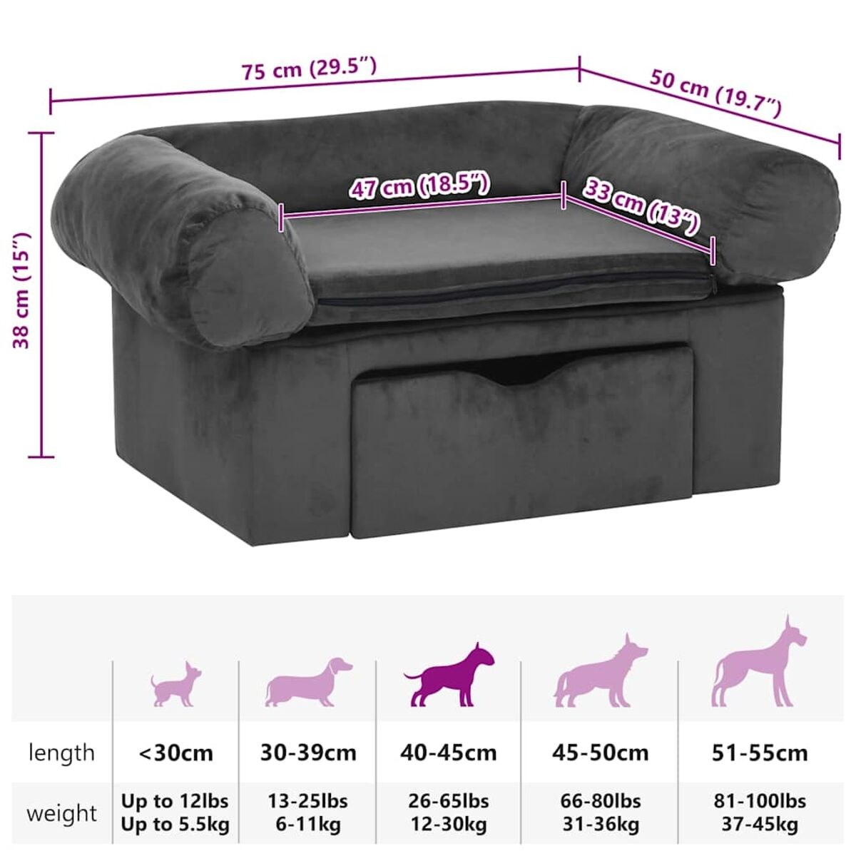 Schwarzes Hundebett mit Maßen. Das Bett ist dunkel und hat eine Schublade.
