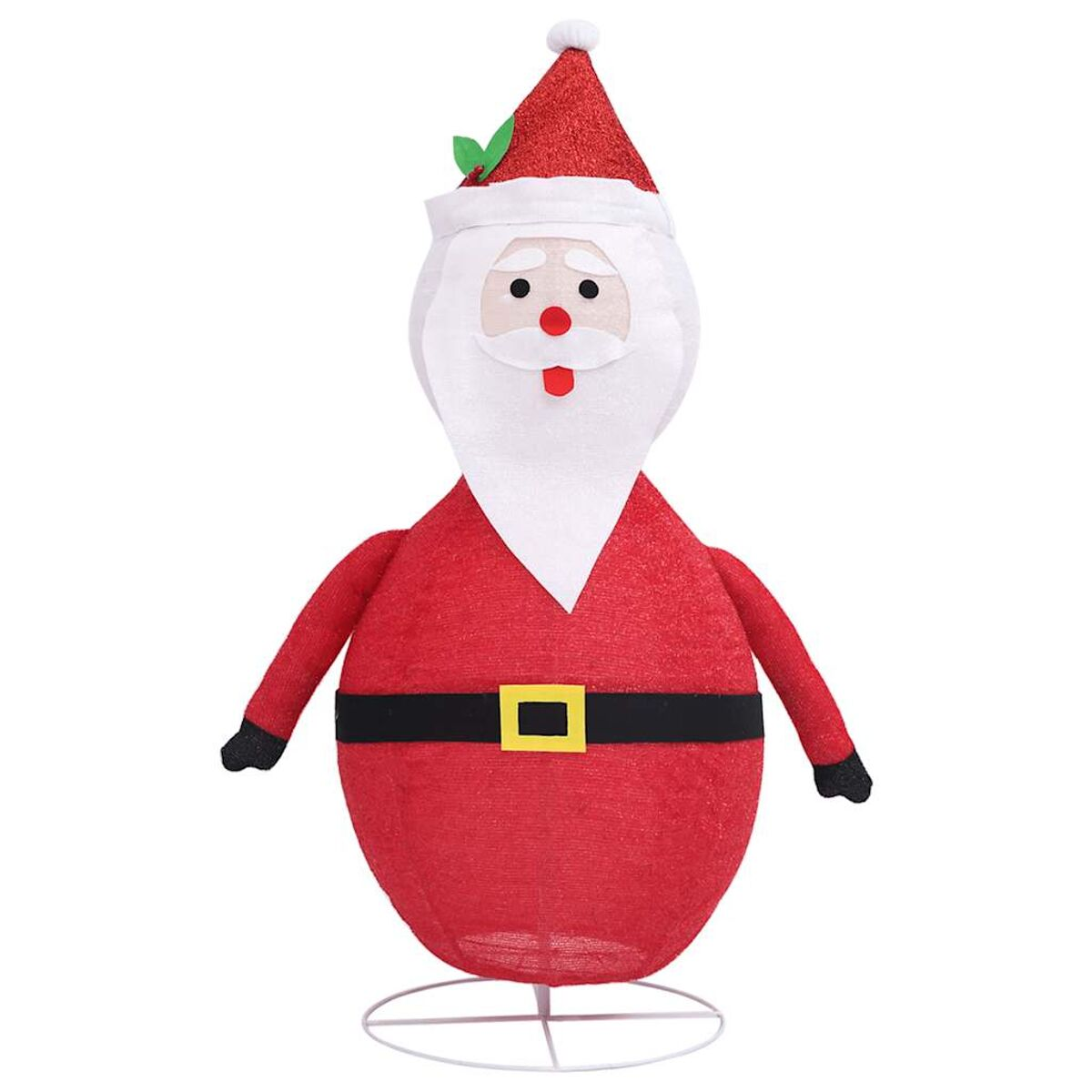 Weihnachtsmannfigur, roter Anzug und Hut, schwarzer Gürtel, weißer Bart und kleines grünes Blatt. Weißer Hintergrund.