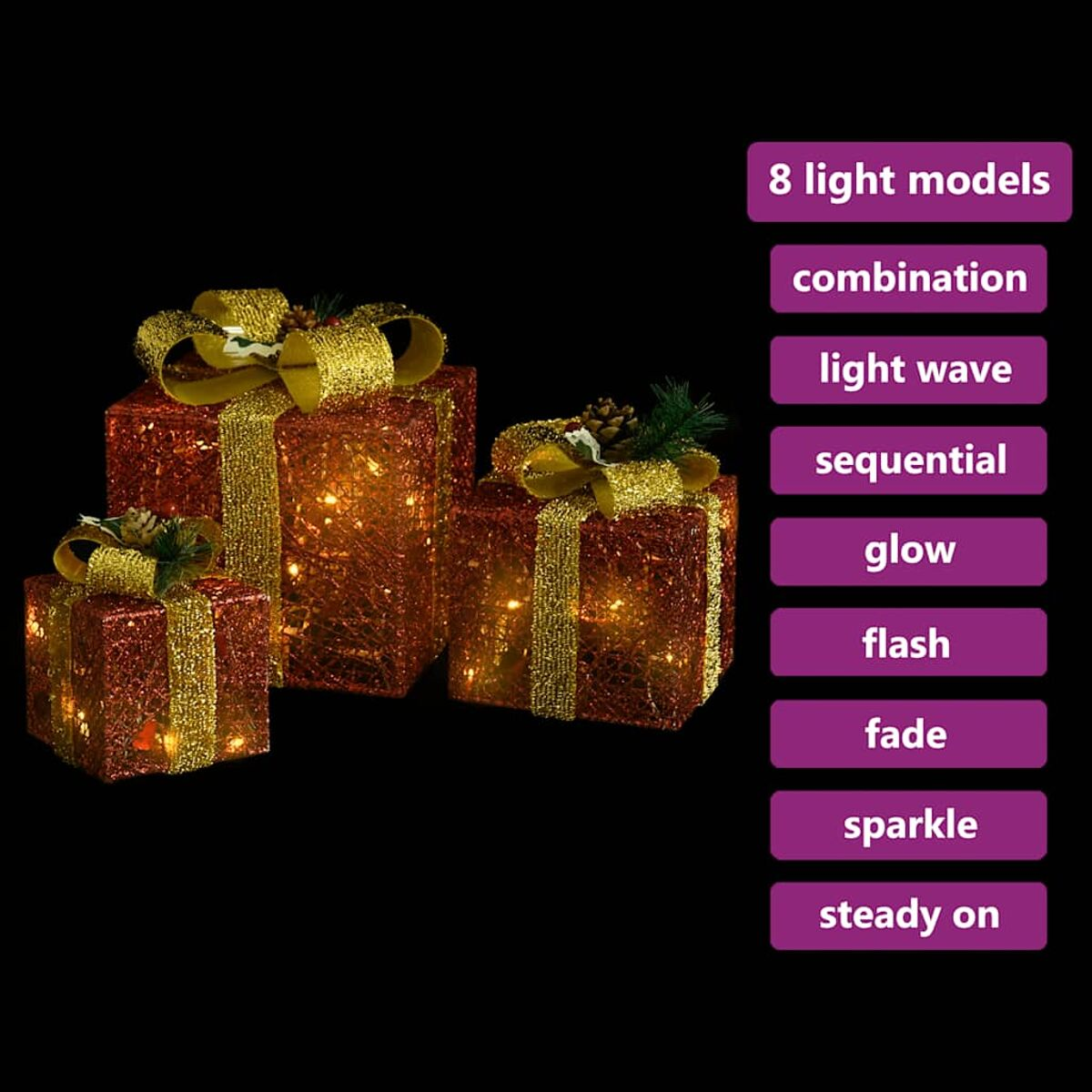 Drei Geschenkboxen mit Lichtern und goldenen Schleifen. 8 Lichtmodi aufgelistet.