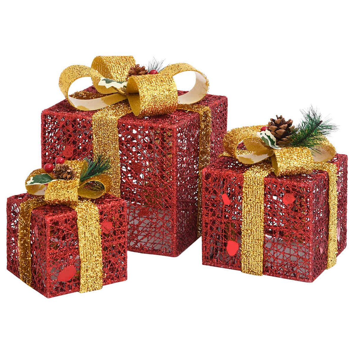 Drei rote Geschenkboxen mit goldenem Band und Schleifen, mit weißem Hintergrund.