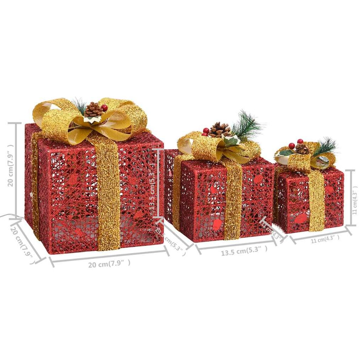 Drei rote Geschenkboxen mit goldenen Schleifen. Die Boxen sind unterschiedlich groß, mit Dimensionsangaben.