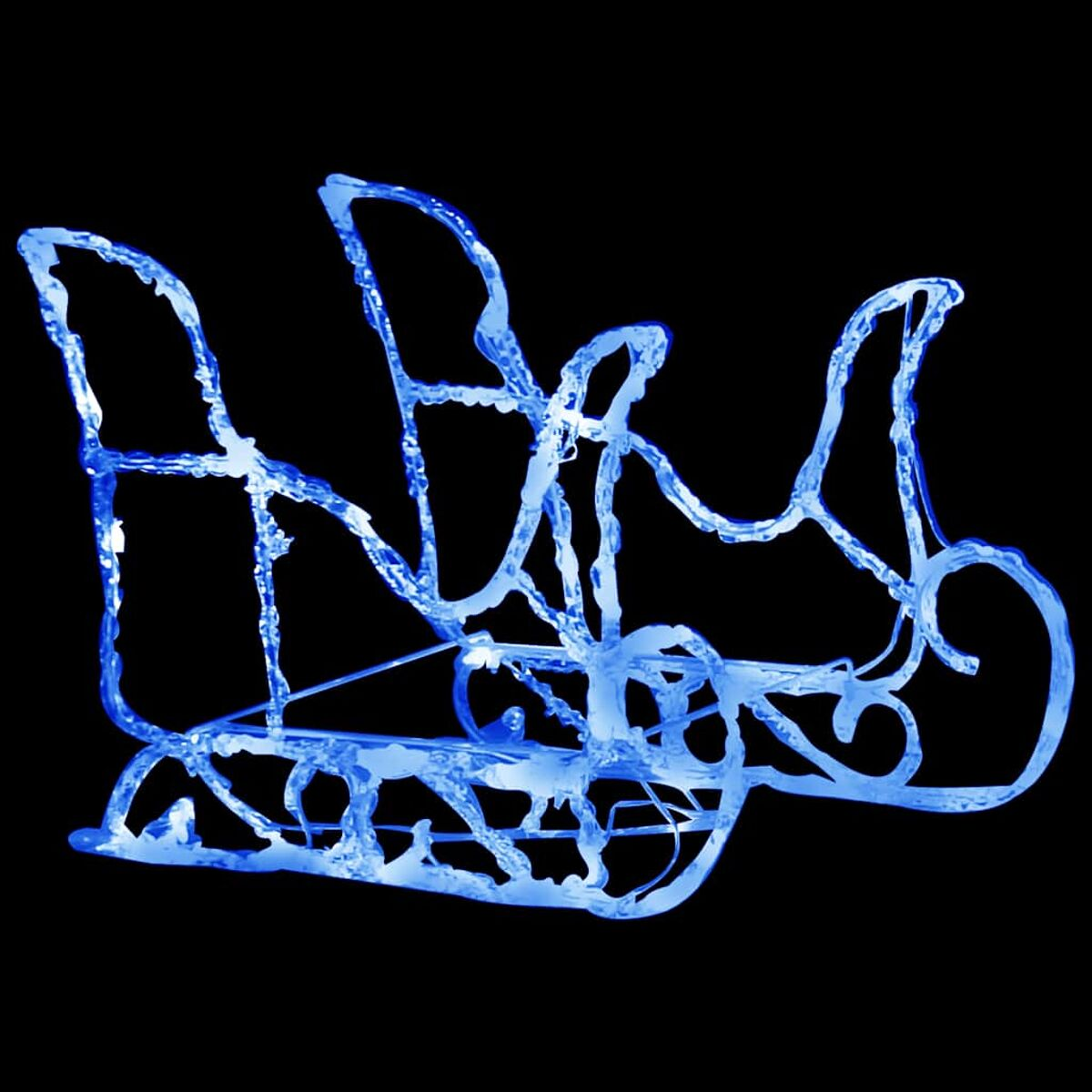 Eine blaue Neon-Schlitten-Umrisslinie vor schwarzem Hintergrund. Der Schlitten ist mit Kufen und Kurven detailliert.
