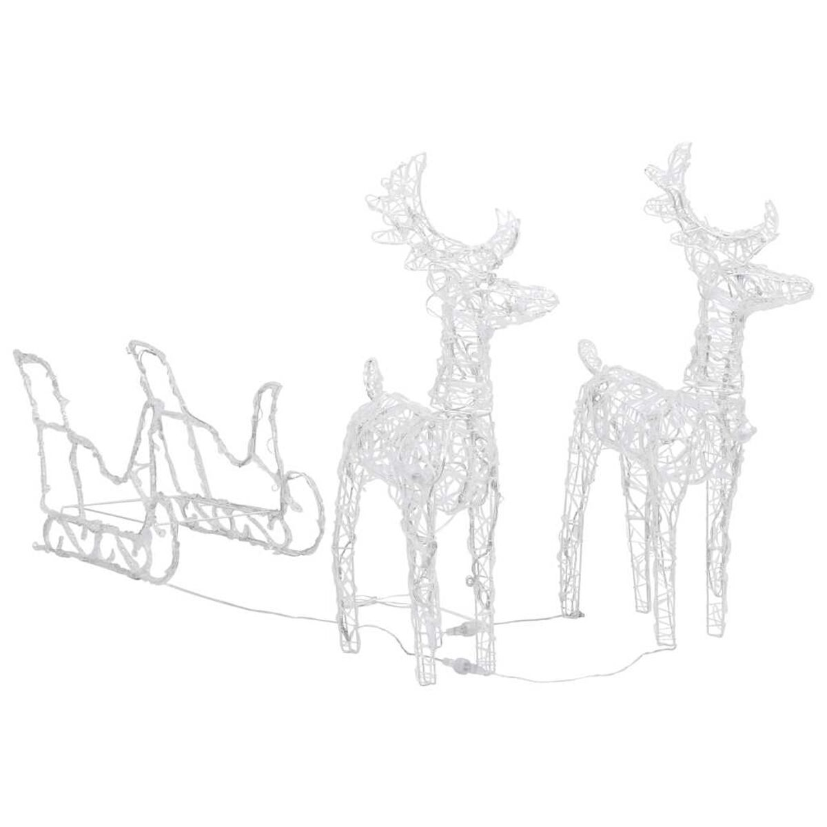 Weiße Rentierfiguren und Schlitten mit Lichtern. Weißer Hintergrund.