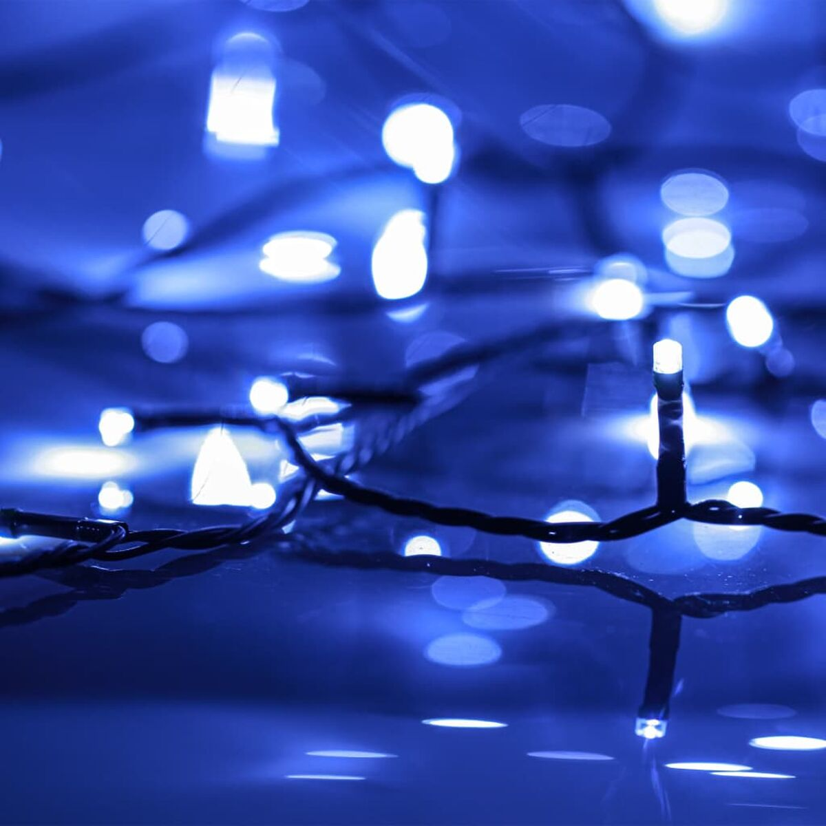 Nahaufnahme von blauen Weihnachtsleuchten. Der Fokus liegt auf den hellblauen Lichtern, mit dunklem, verschwommenem Hintergrund.