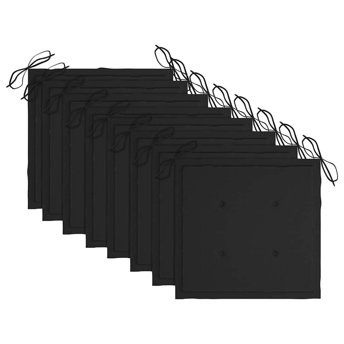 Zehn schwarze quadratische Kissen mit Bändern, diagonal angeordnet.