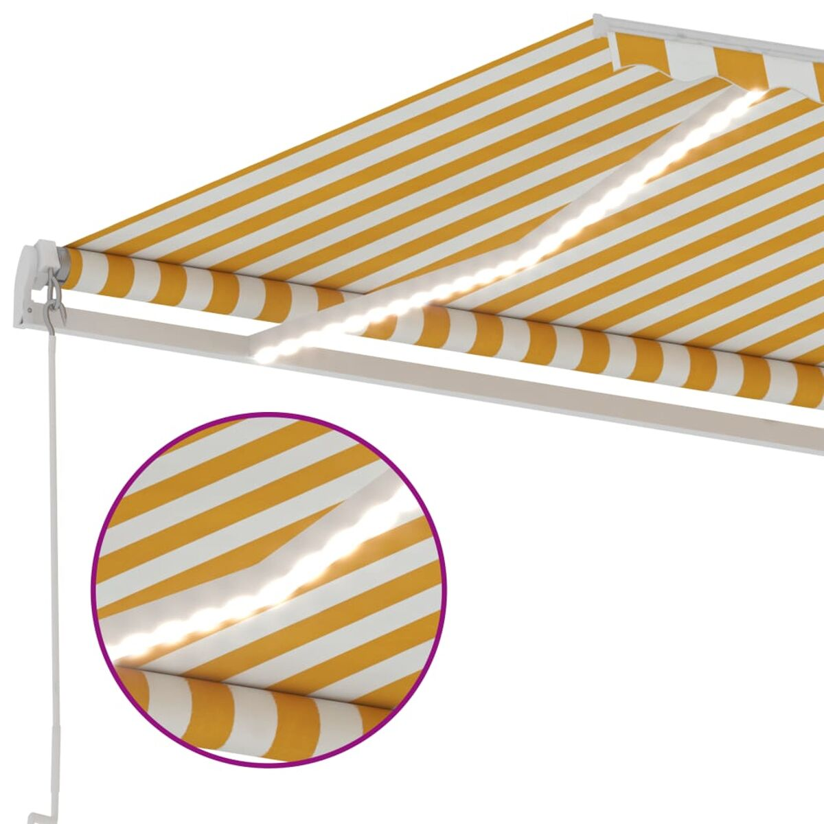Gelb-weiß gestreifte Markise mit LED-Beleuchtung. Metallrahmen, gezahnter Rand und Schnur.