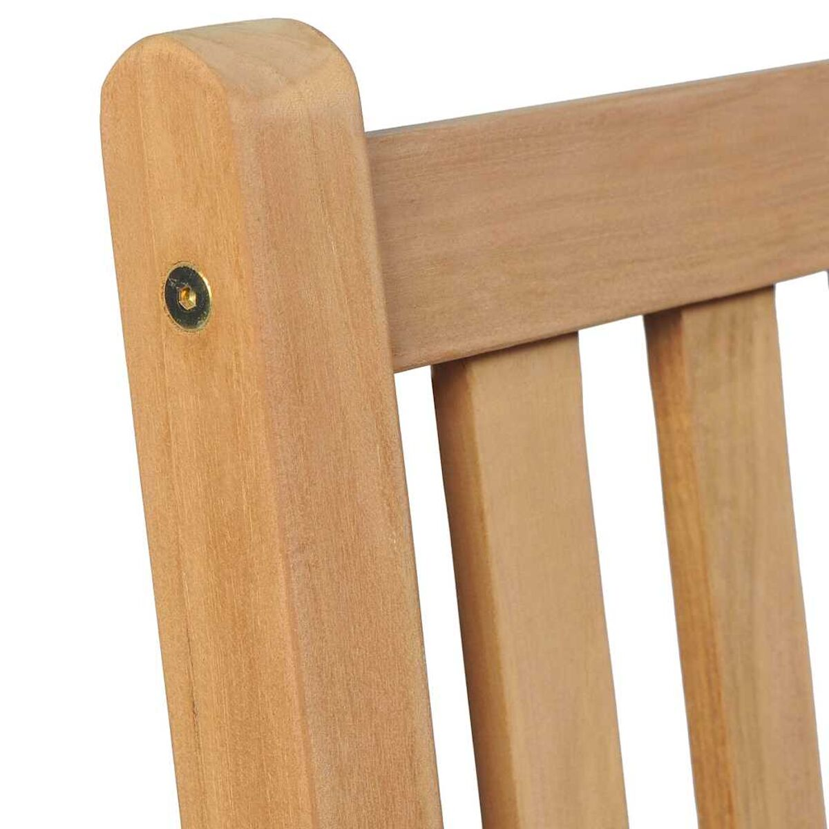Nahaufnahme der Rückenlehne eines Holzstuhls mit Schraube.