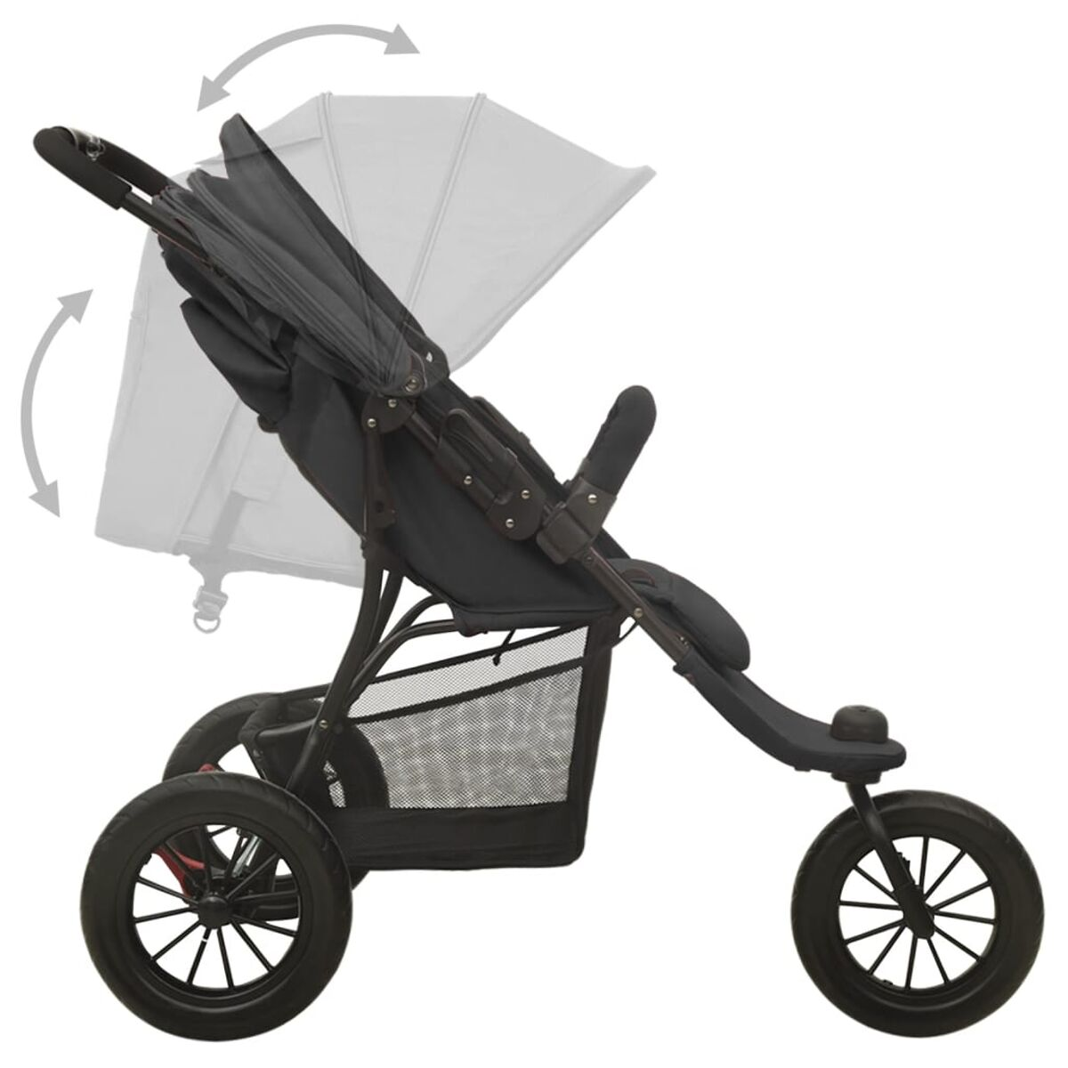 Schwarzer Kinderwagen mit drei Rädern. Das Verdeck ist verstellbar, ebenso der Griff.