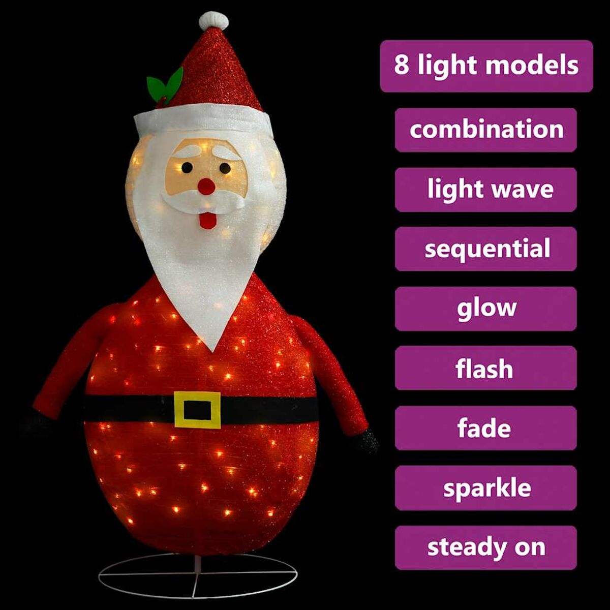 Beleuchtete Weihnachtsmannfigur mit 8 Lichtmodi. Roter Anzug, schwarzer Gürtel, weißer Bart und Hut.