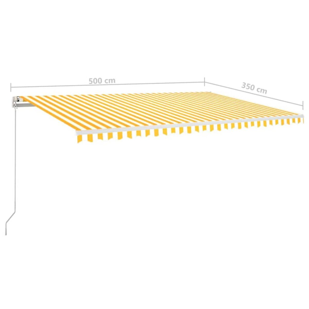 Eine gelb-weiß gestreifte Markise, 500 cm breit und 350 cm tief, vor weißem Hintergrund.