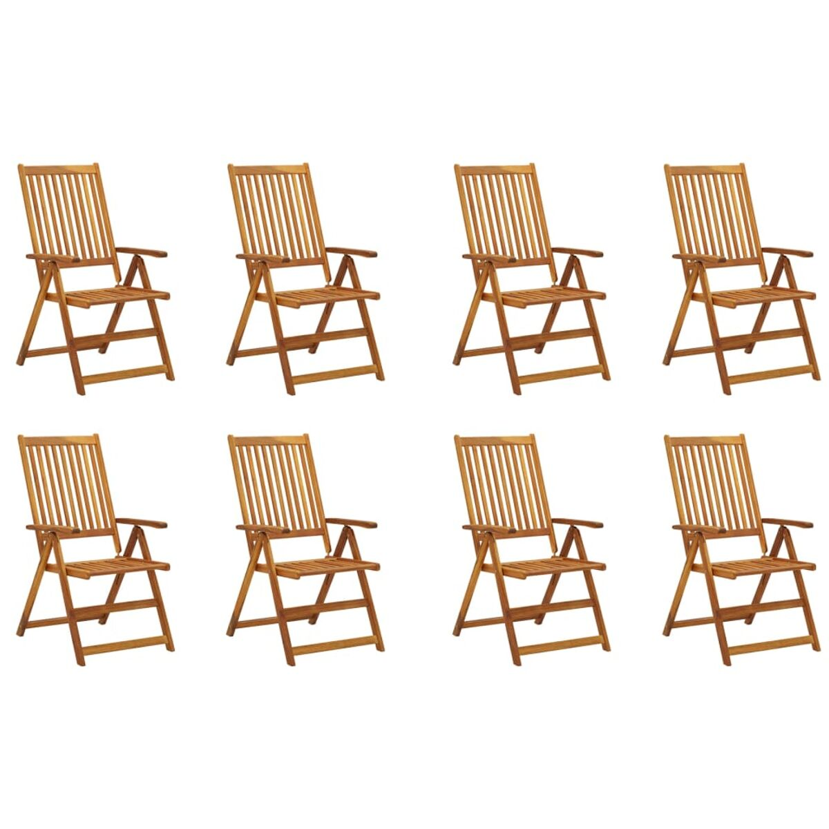Acht Holzklappstühle. Die Stühle sind braun mit einem Lattenrostdesign.