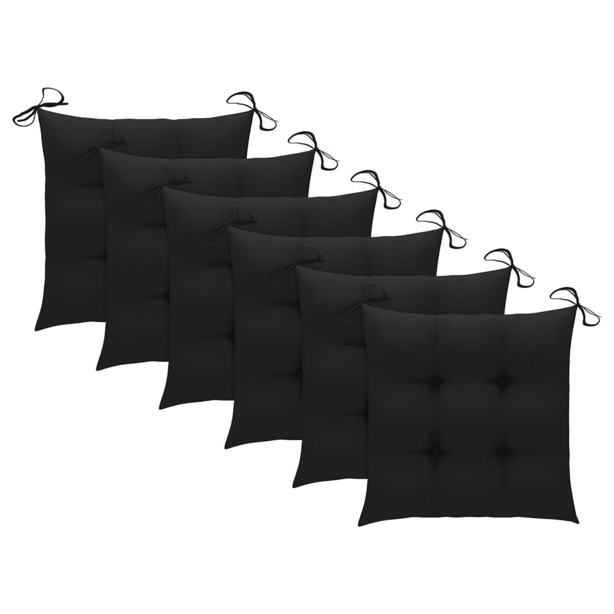 Sechs schwarze quadratische Kissen mit Bindebändern. Die Kissen haben Knöpfe in der Mitte.