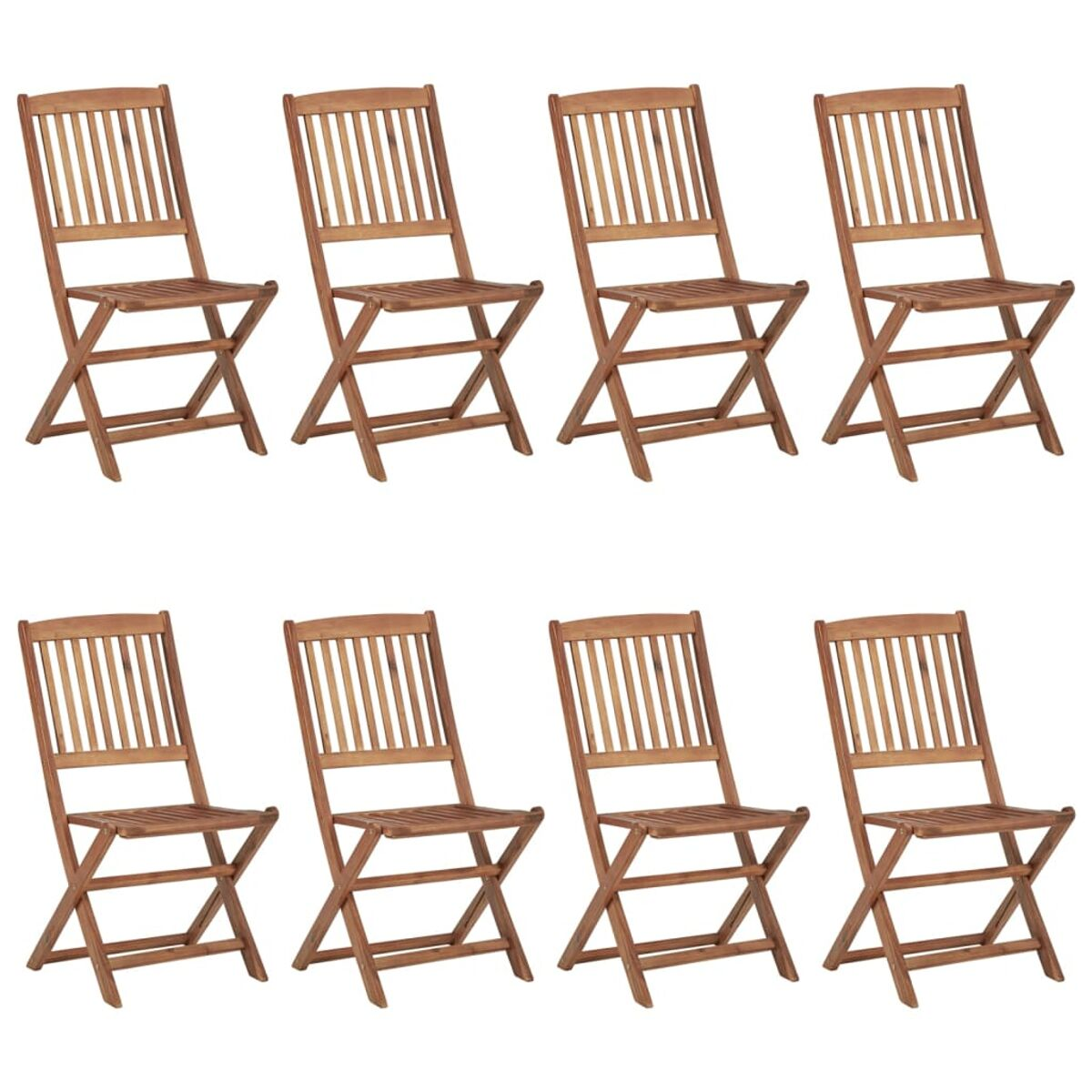 Acht Holzklappstühle, angeordnet in zwei Reihen. Die Stühle sind braun.