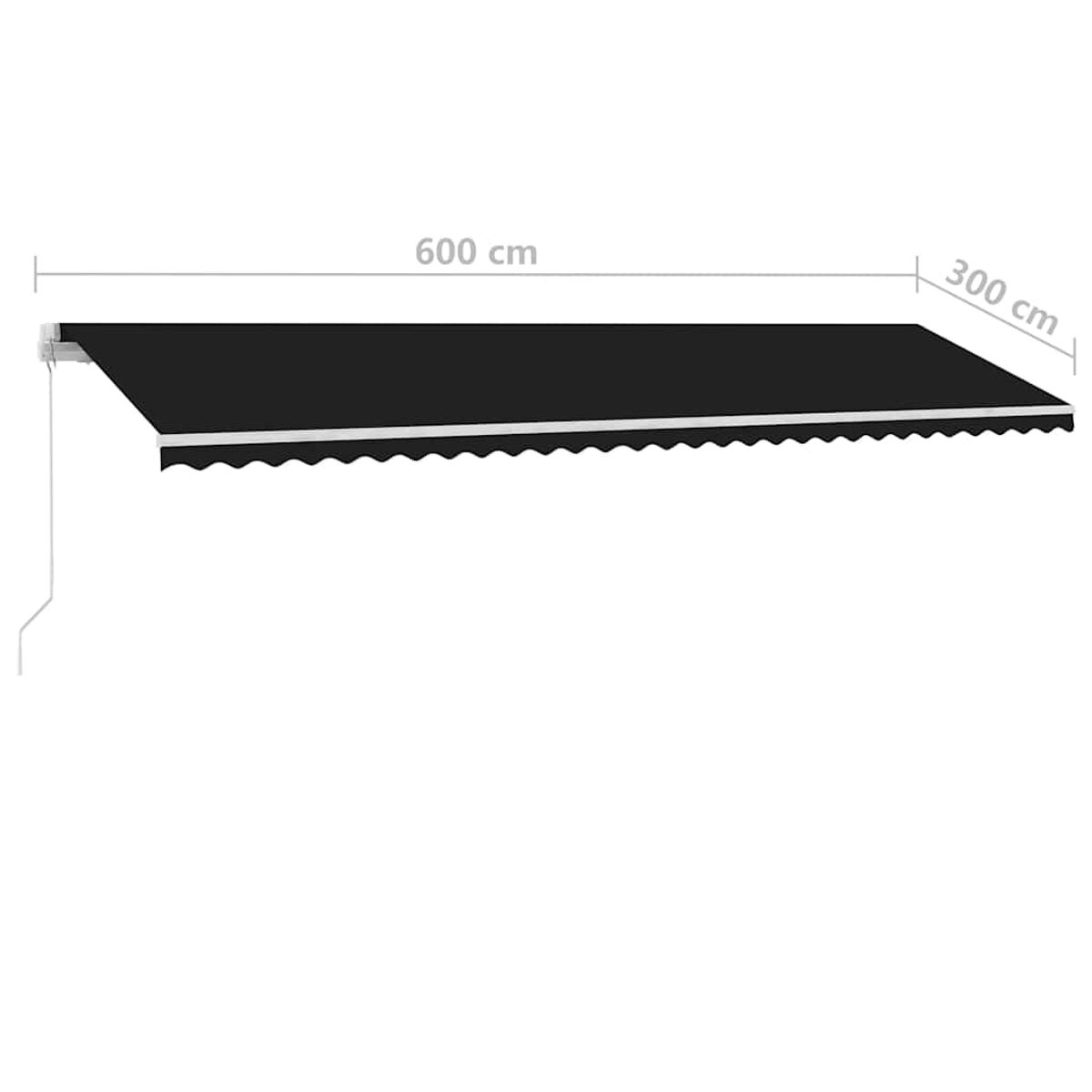 Eine schwarze Markise, ausgefahren. Die Abmessungen betragen 600 cm x 300 cm. Der Hintergrund ist weiß.
