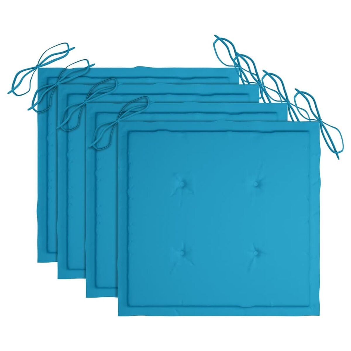 Fünf blaue quadratische Kissen mit Bändern an den Ecken. Knopfheftung. Auf weißem Hintergrund.