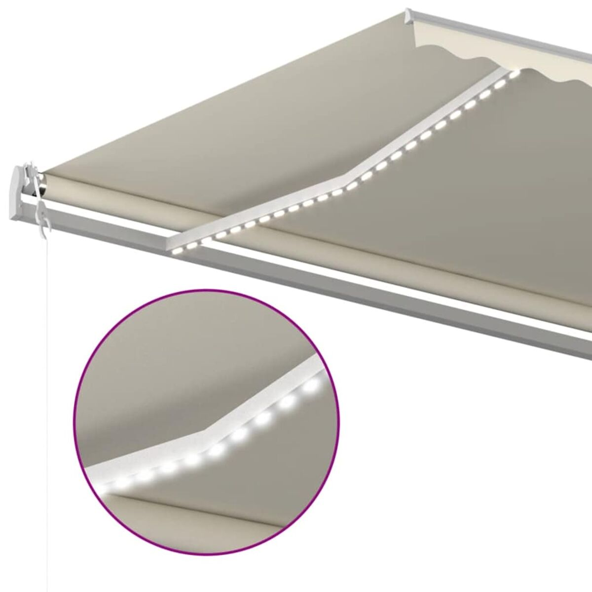 Beige Markise mit LED-Leuchten und weißem Rahmen. Nahaufnahme.